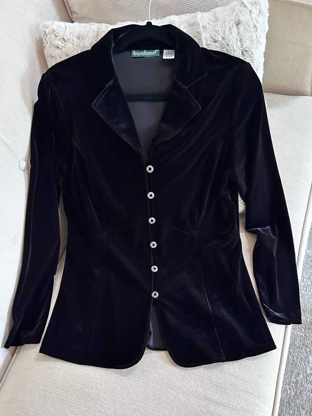 Harve Benard Black Velvet Tailored Shirt with Decorative Buttons